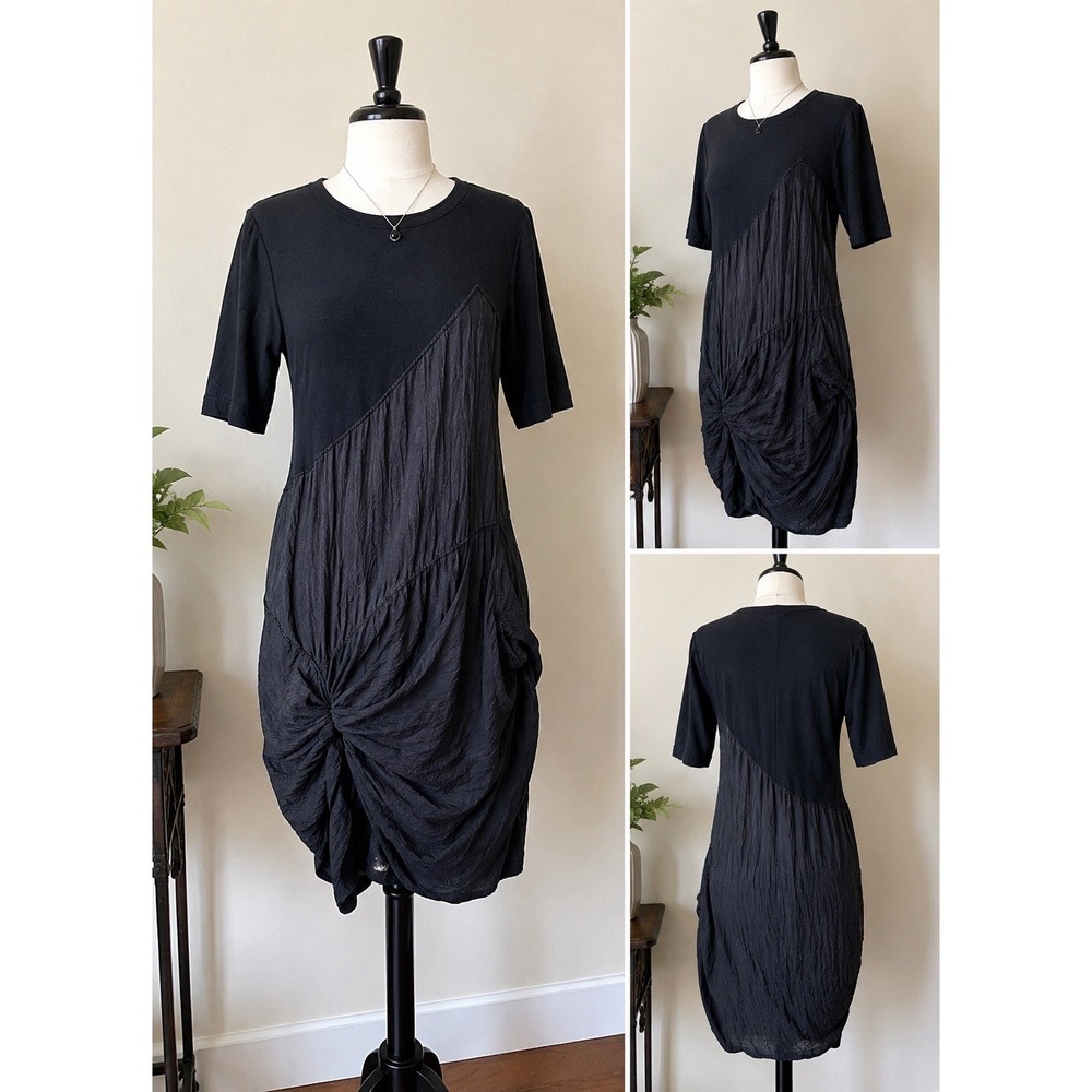 CLU Dress Womens Small Black Asymmetrical Ruched Crinkle Mixed Media Designer